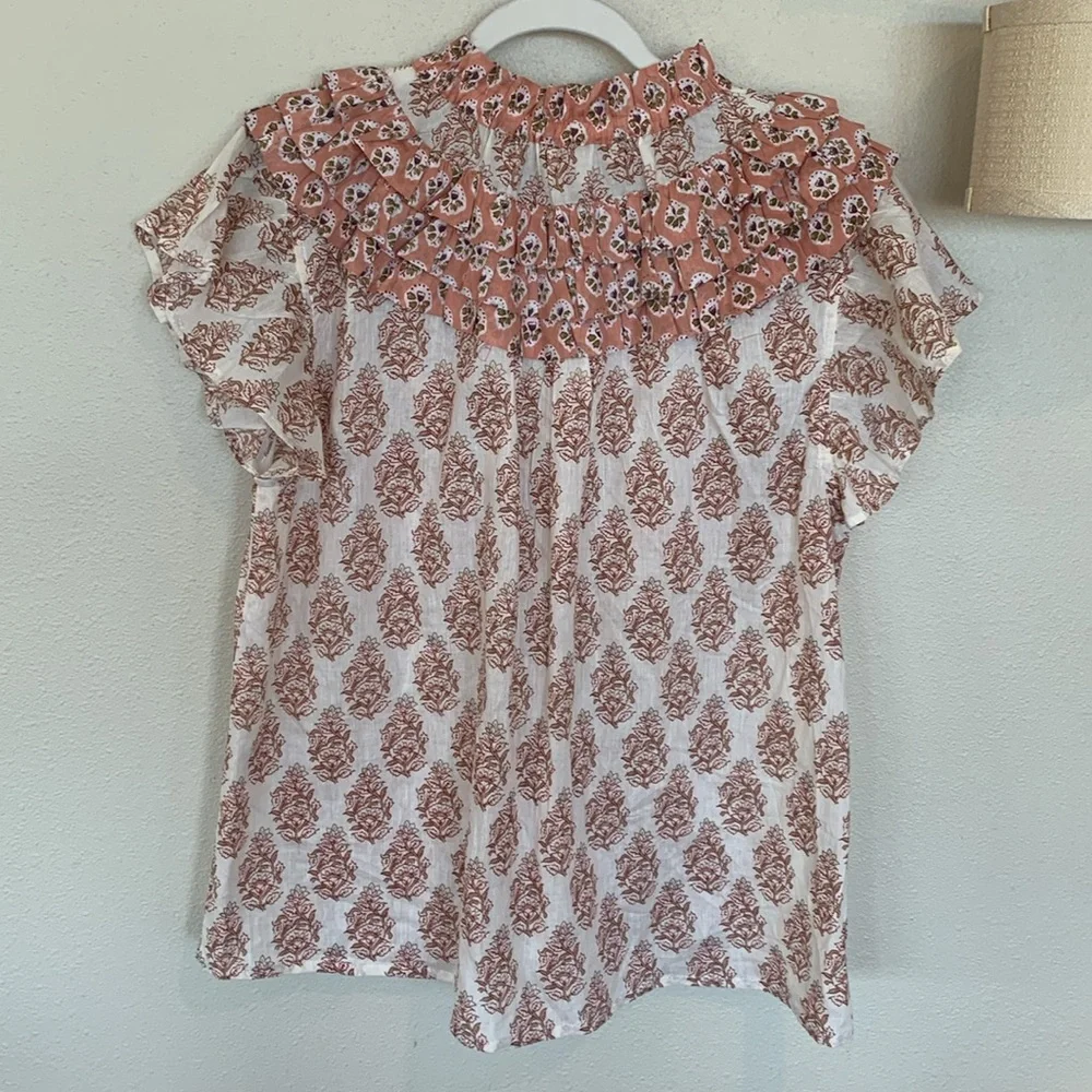 Ruffled High-Neck Floral Blouse - Pink/White - Picture 8 of 10